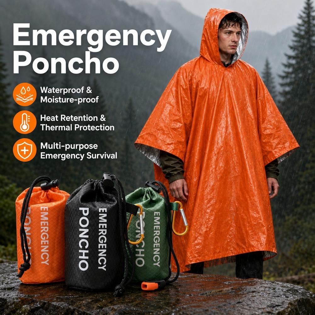Emergency Poncho Rain - 휴대용 비상용 우비 세트: 방수 후드형